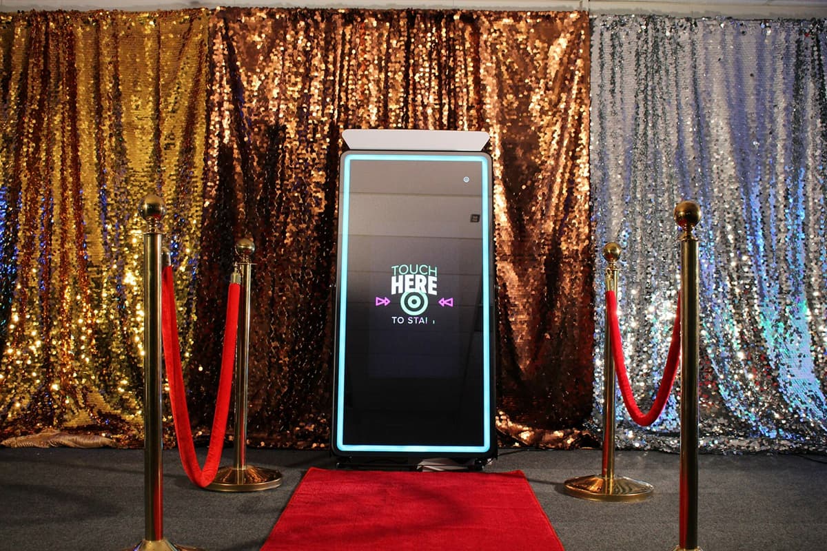 Mirror Photo Booth with Red Carpet and Stanchions